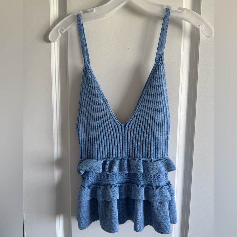 BCBGeneration Light Blue Ruffled Peplum Knit Tank - Picture 6 of 7